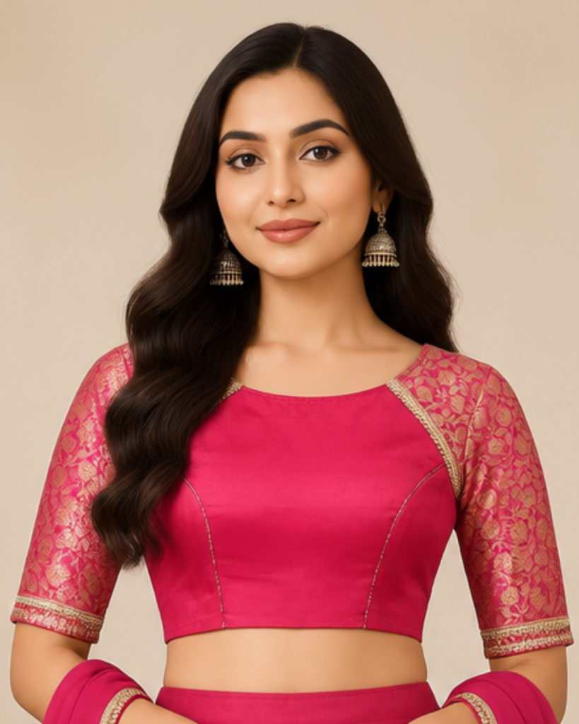 Pink Designer Blouse Stitching with Brocade Sleeves & Custom Fit