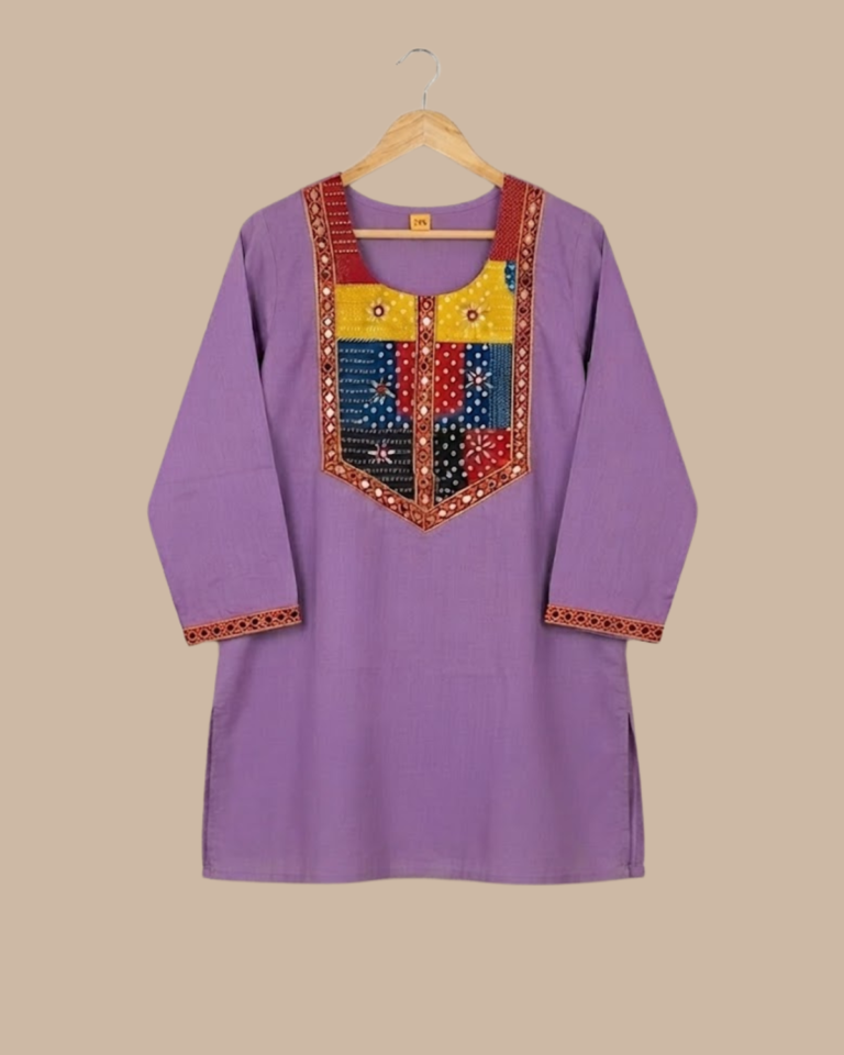 Rageshvari Fashion Lavender Patchwork Printed Yoke Cotton Short Kurti