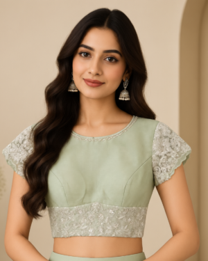 Pastel Green Designer Blouse Stitching with Floral Lace Sleeves & Embroidered Border