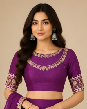 Purple Designer Blouse Stitching with Floral Embroidery & Elbow-Length Sleeves