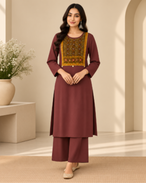 Brown Ethnic Printed Yoke Kurti with Parallel Pant Set
