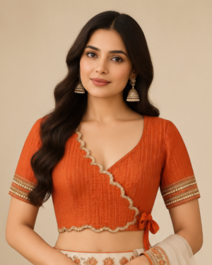 Orange Designer Blouse Stitching with Wrap-Style Neckline, Border Detailing & Side Dori