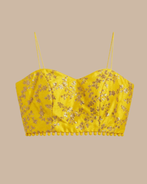 Rageshvari Fashion Bright Yellow Sequin Embroidery Spaghetti Strap Saree Blouse with Pom-Pom Lace
