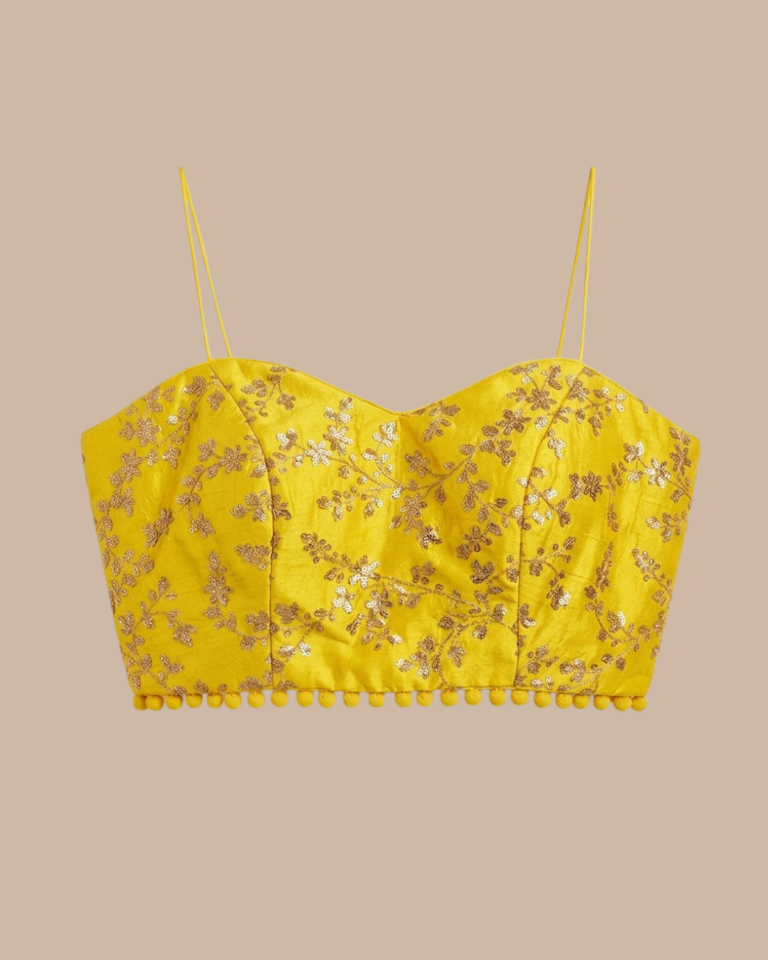 Rageshvari Fashion Bright Yellow Sequin Embroidery Spaghetti Strap Saree Blouse with Pom-Pom Lace