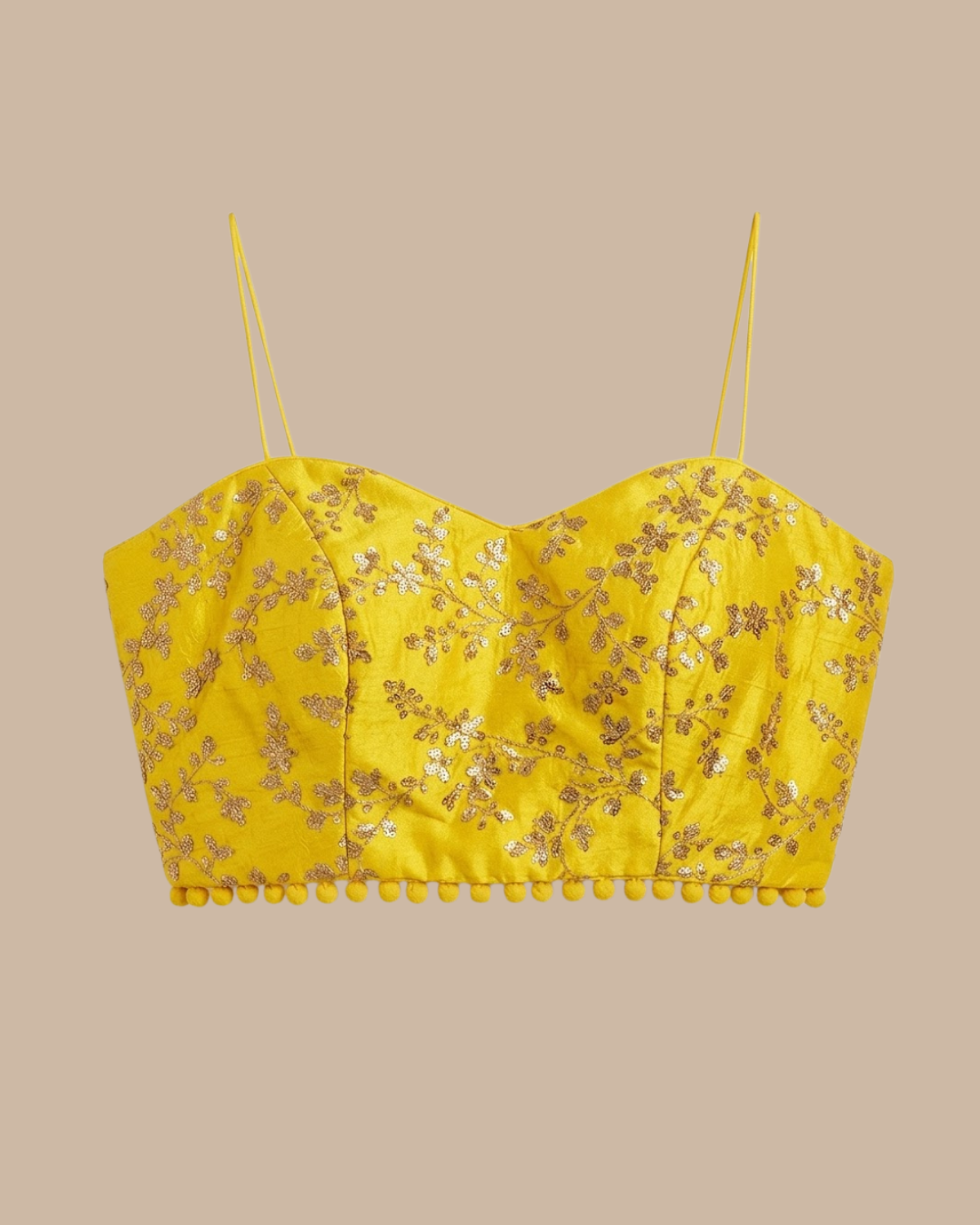 Rageshvari Fashion Bright Yellow Sequin Embroidery Spaghetti Strap Saree Blouse with Pom-Pom Lace