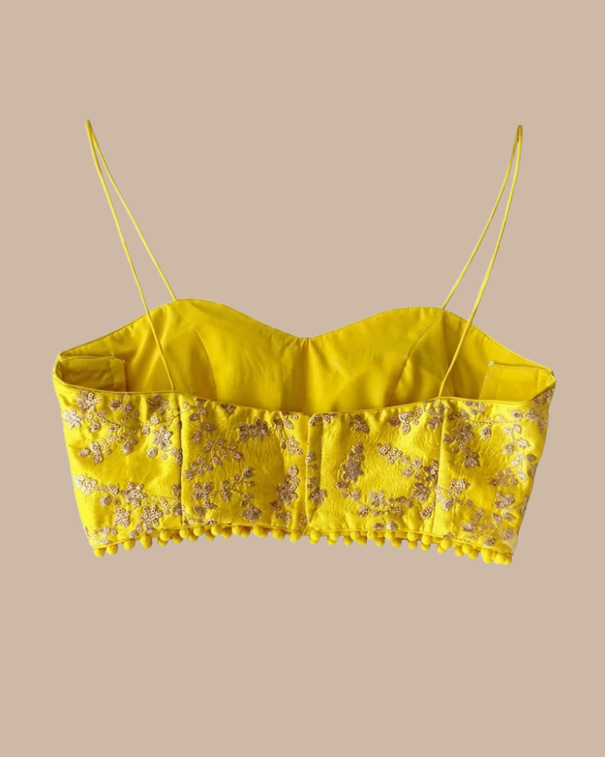 Rageshvari Fashion Bright Yellow Sequin Embroidery Spaghetti Strap Saree Blouse with Pom-Pom Lace - Image 2
