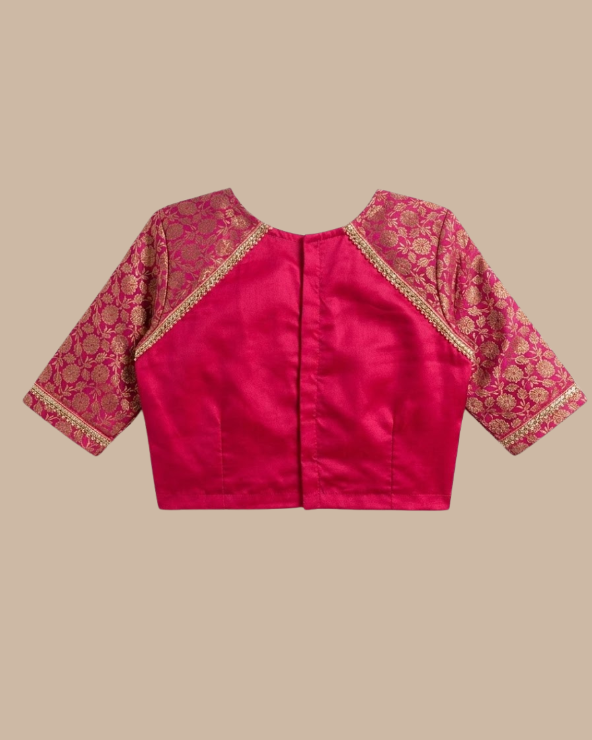 Rageshvari Fashion Magenta Pink Silk Blouse with Brocade Sleeves & Raglan Lace Detailing - Image 2