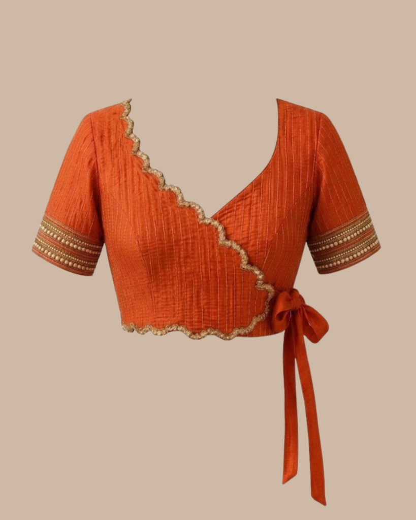 Rageshvari Fashion Rust Orange Angrakha Silk Blouse with Scalloped Zari Embroidery