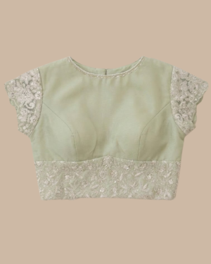 Rageshvari Fashion Mint Green Organza Silk Blouse with Floral Lace Cap Sleeves & Embroidered Waistband