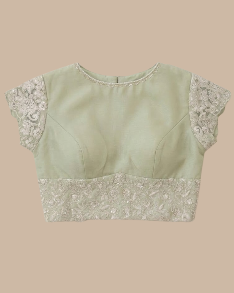 Rageshvari Fashion Mint Green Organza Silk Blouse with Floral Lace Cap Sleeves & Embroidered Waistband