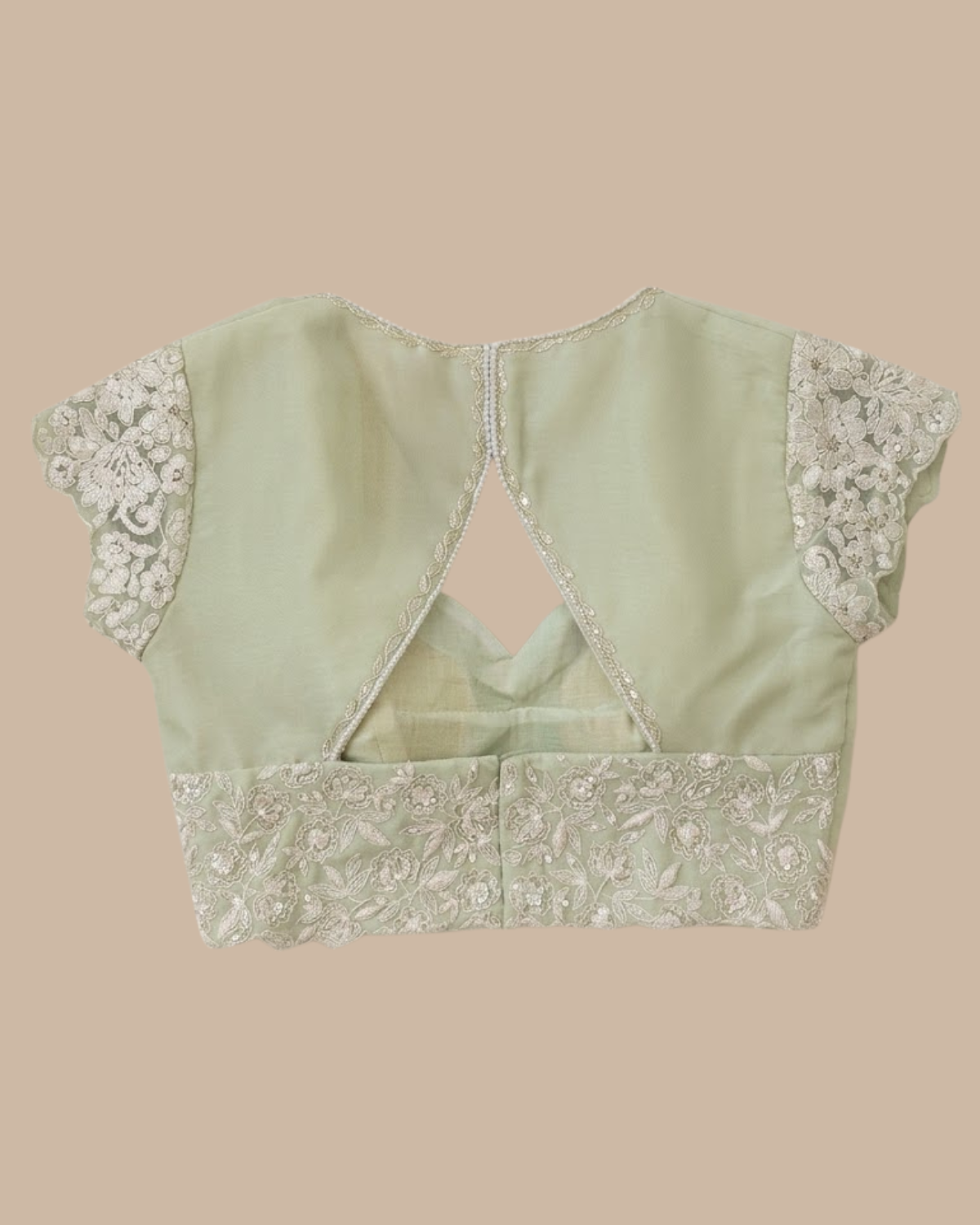 Rageshvari Fashion Mint Green Organza Silk Blouse with Floral Lace Cap Sleeves & Embroidered Waistband - Image 2