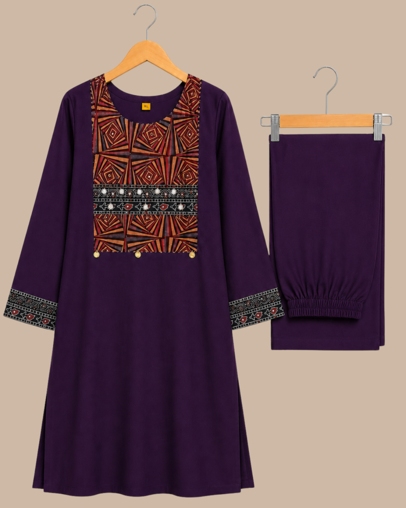 Rageshvari Fashion Deep Purple Geometric Printed Yoke Kurti with Parallel Pant Set