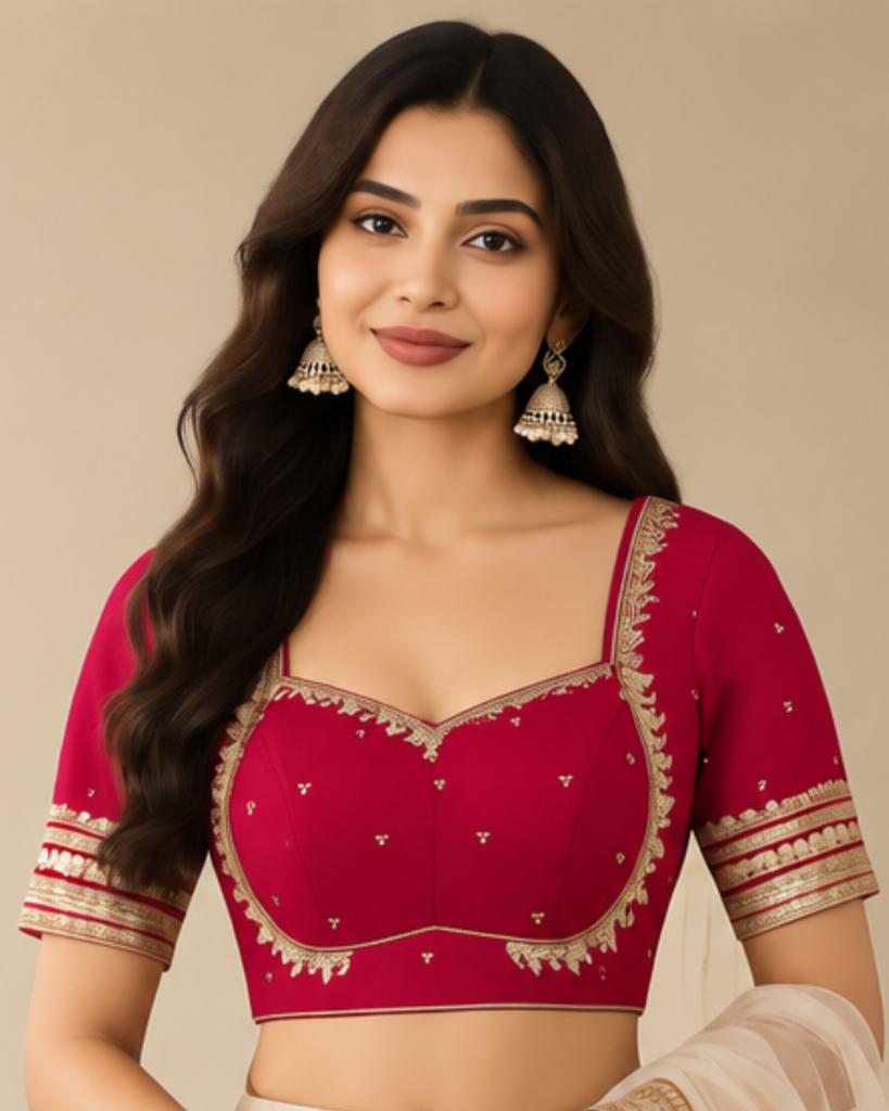 Maroon Designer Blouse Stitching with Floral Embroidery & Elbow-Length Sleeves