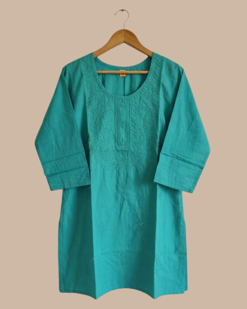 Rageshvari Fashion Teal Green Lucknowi Chikankari Cotton Short Kurti