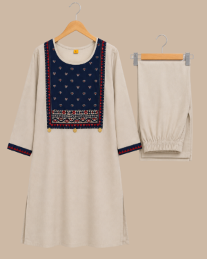 Rageshvari Fashion Beige and Navy Blue Printed Yoke Kurti with Parallel Pant Set