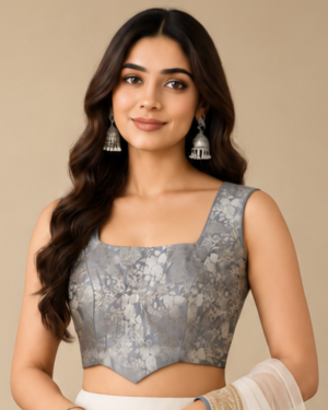 Grey Brocade Designer Blouse Stitching with Back Dori & Custom Fit