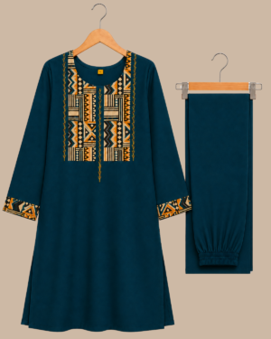 Rageshvari Fashion Teal Blue Geometric Printed Yoke Kurti with Parallel Pant Set