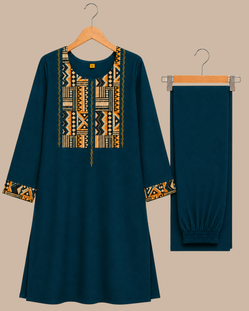 Rageshvari Fashion Teal Blue Geometric Printed Yoke Kurti with Parallel Pant Set