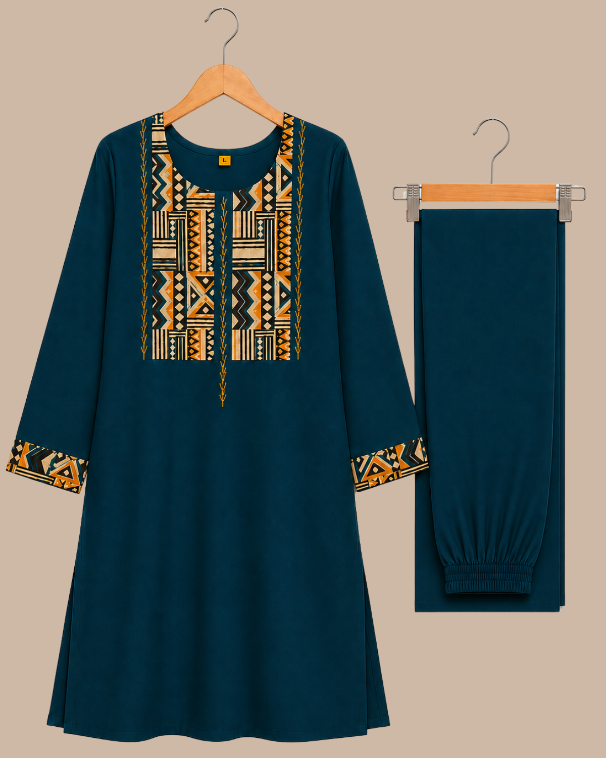 Teal Blue Geometric Printed Yoke Kurti with Parallel Pant Set