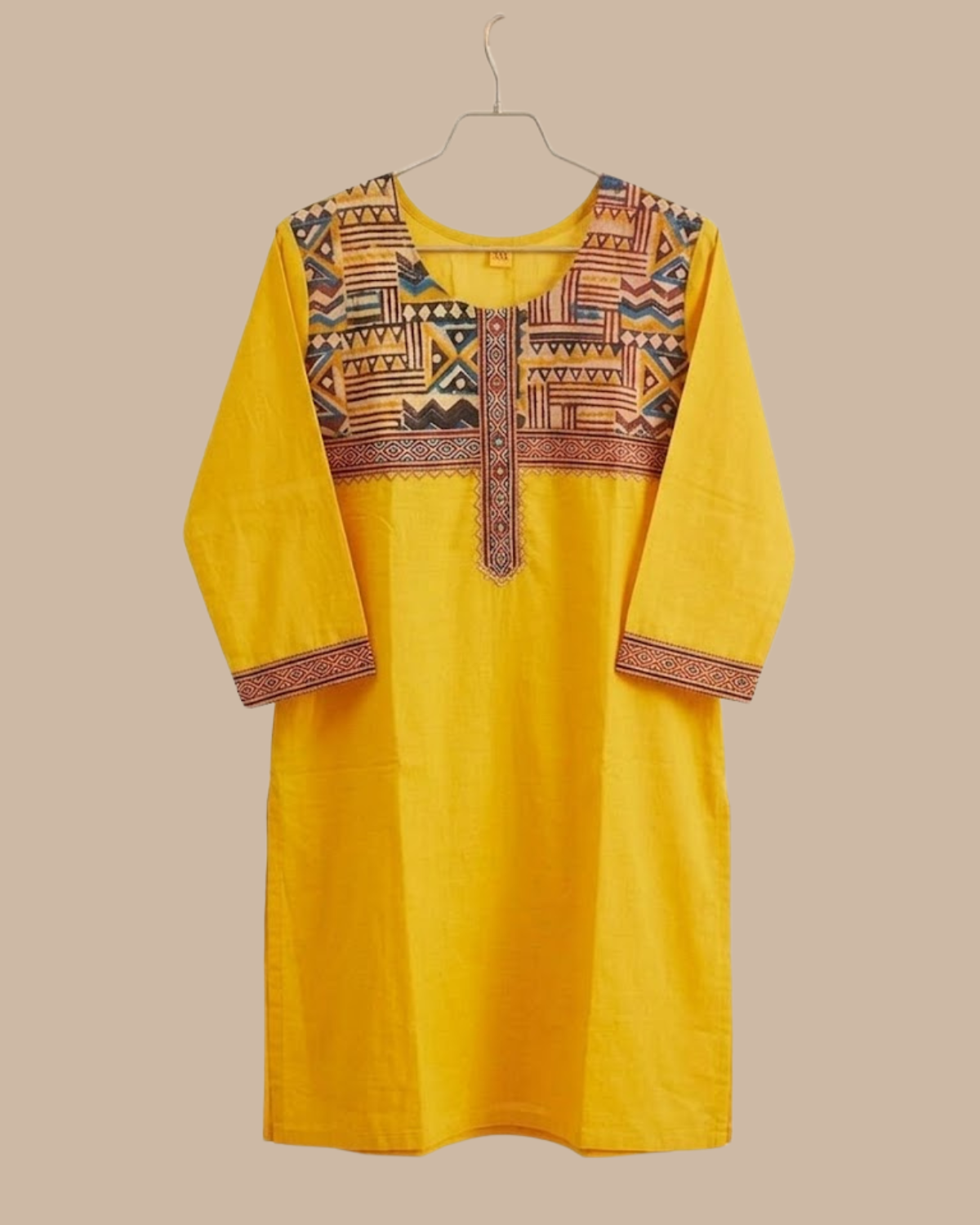 Rageshvari Fashion Bright Yellow Geometric Tribal Printed Yoke Cotton Short Kurti