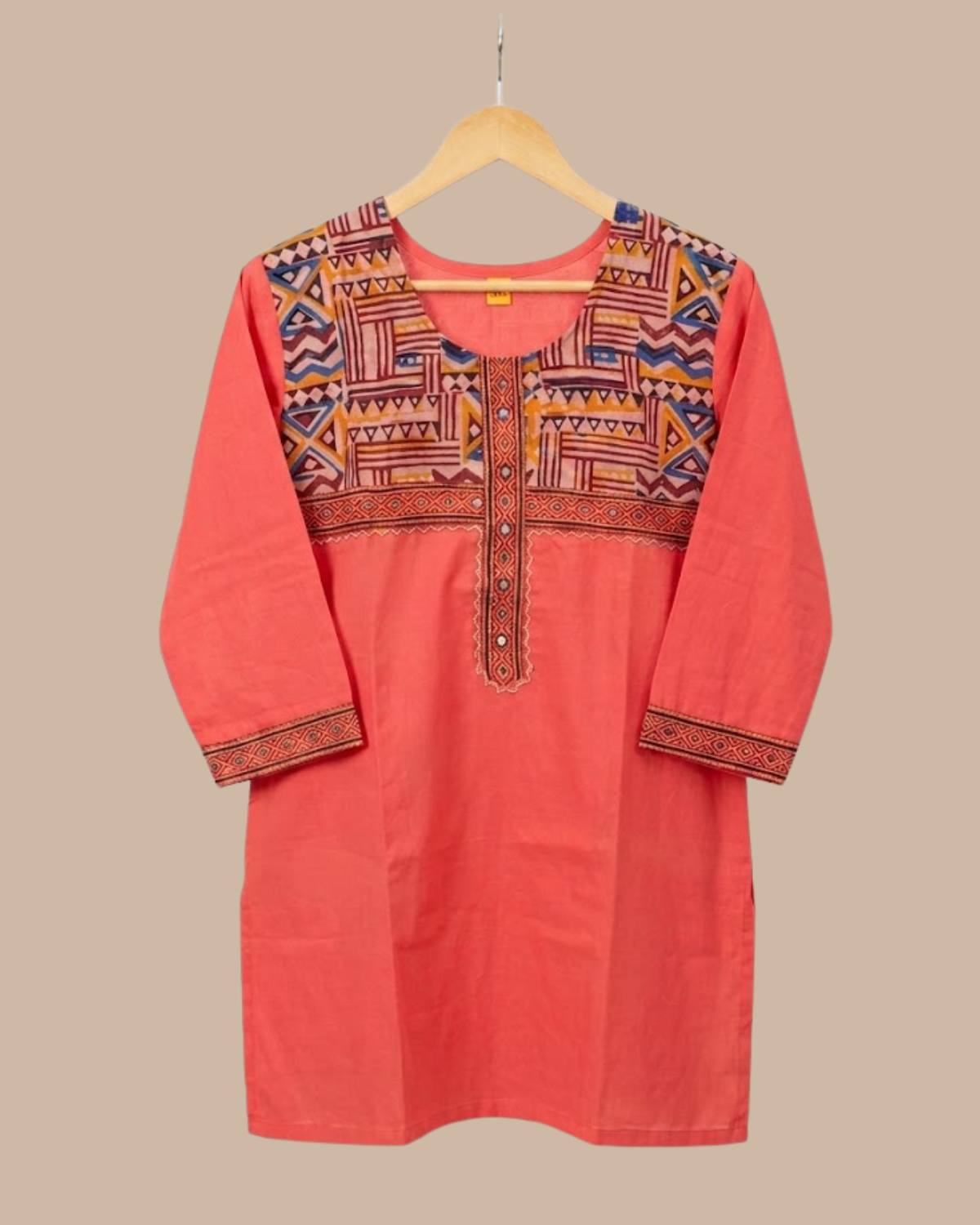 Rageshvari Fashion Bright Yellow Geometric Tribal Printed Yoke Cotton Short Kurti - Image 2
