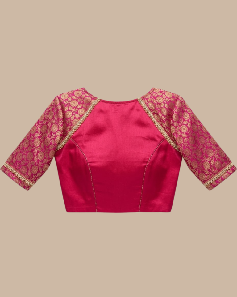 Rageshvari Fashion Magenta Pink Silk Blouse with Brocade Sleeves & Raglan Lace Detailing