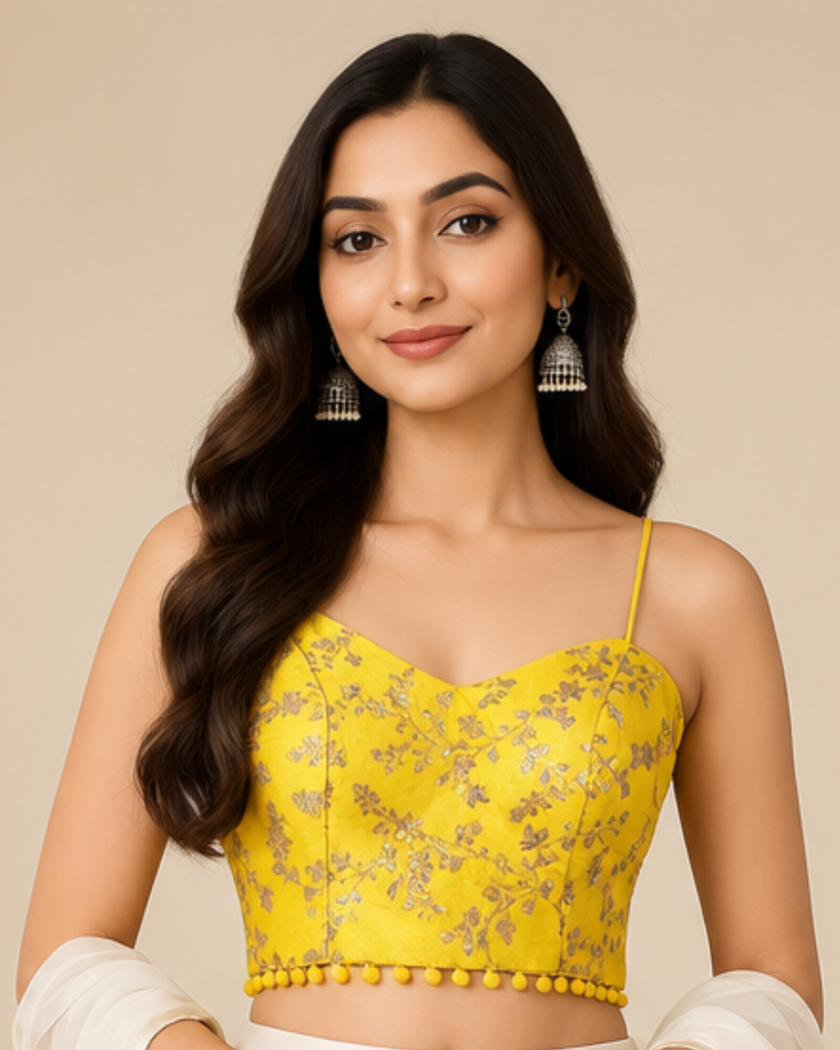 Yellow Designer Blouse Stitching with Sequin Embroidery & Spaghetti Straps