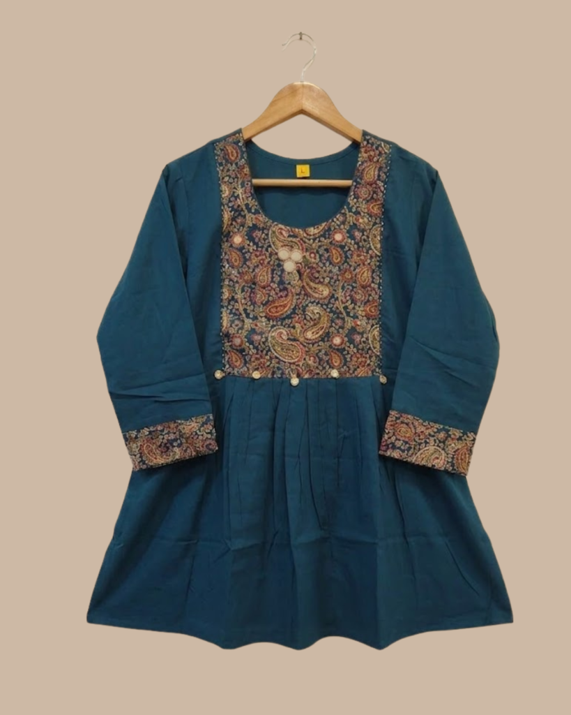 Rageshvari Fashion Peacock Blue Paisley Printed Yoke Cotton Short Kurti