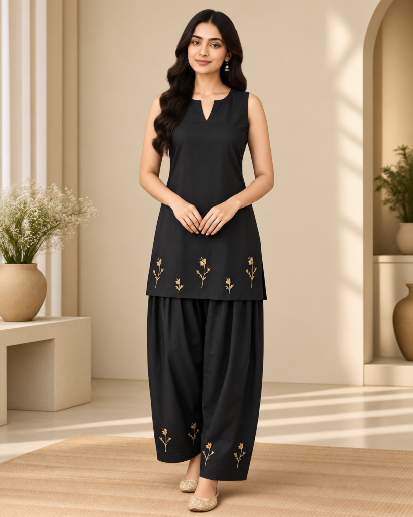Black Designer Kurta Salwar Set Stitching with Golden Floral Embroidery