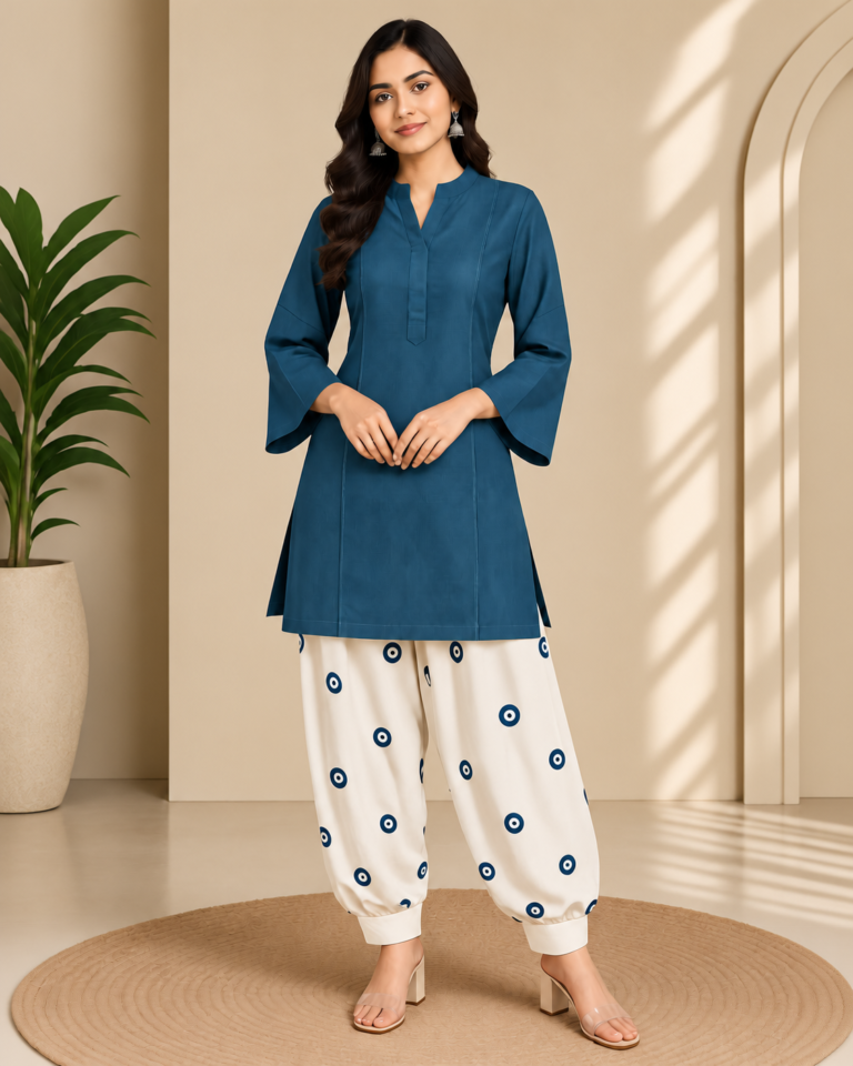 Teal Blue Designer Kurta Stitching with Flared Sleeves & Printed Palazzo Set