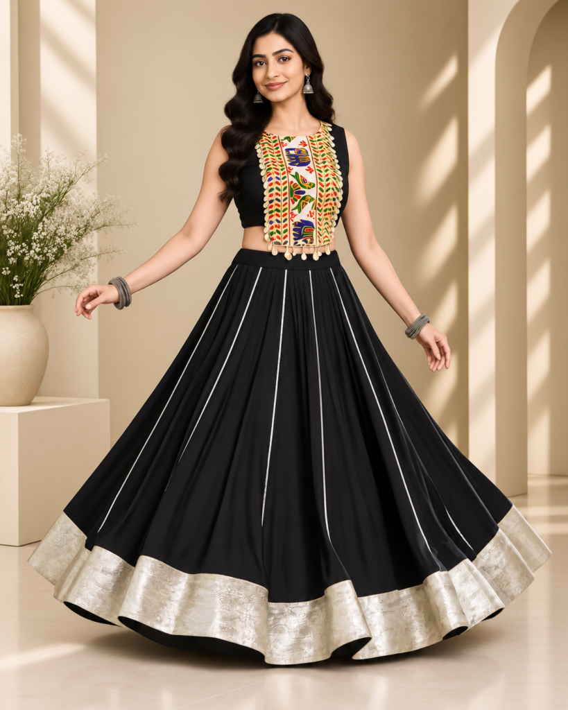 Black Designer Lehenga Stitching with Traditional Patchwork Blouse & Gold Border
