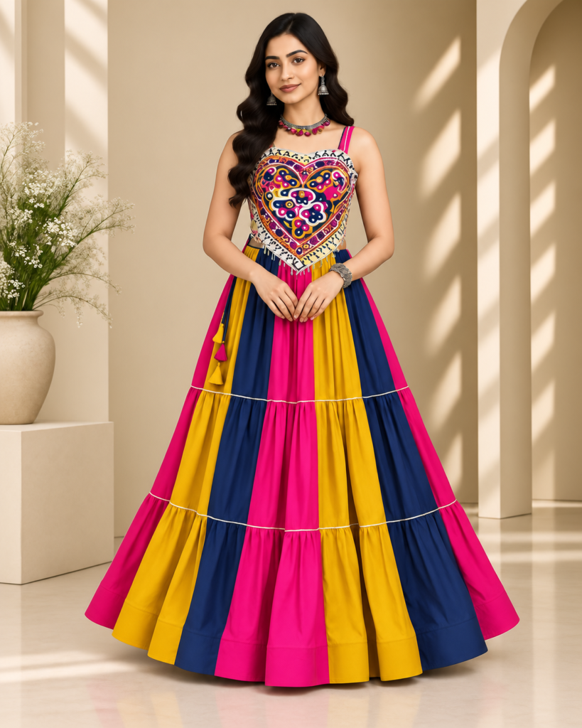 Multicolor Colorblock Tiered Cotton Chaniya Choli