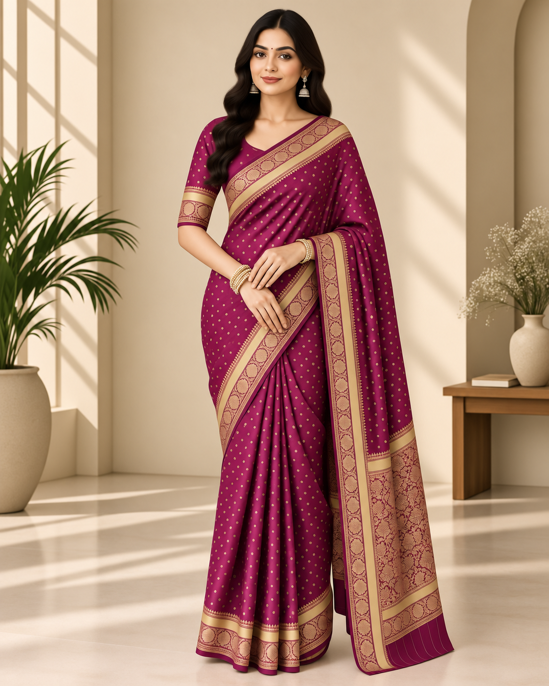 Purple Butti Soft Silk Art Jacquard Saree with Rich Pallu & Contrast Blouse