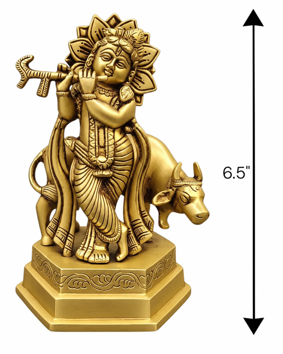 Lord Krishna with Cow Brass Murti – 6.5 Inch | Flute Playing Krishna Idol