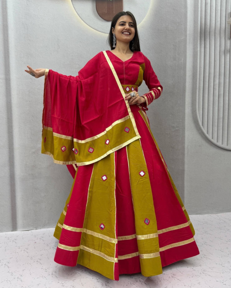 Navratri Special Roman Silk Lehenga Choli with Real Mirror Work & 6+ Meter Flair