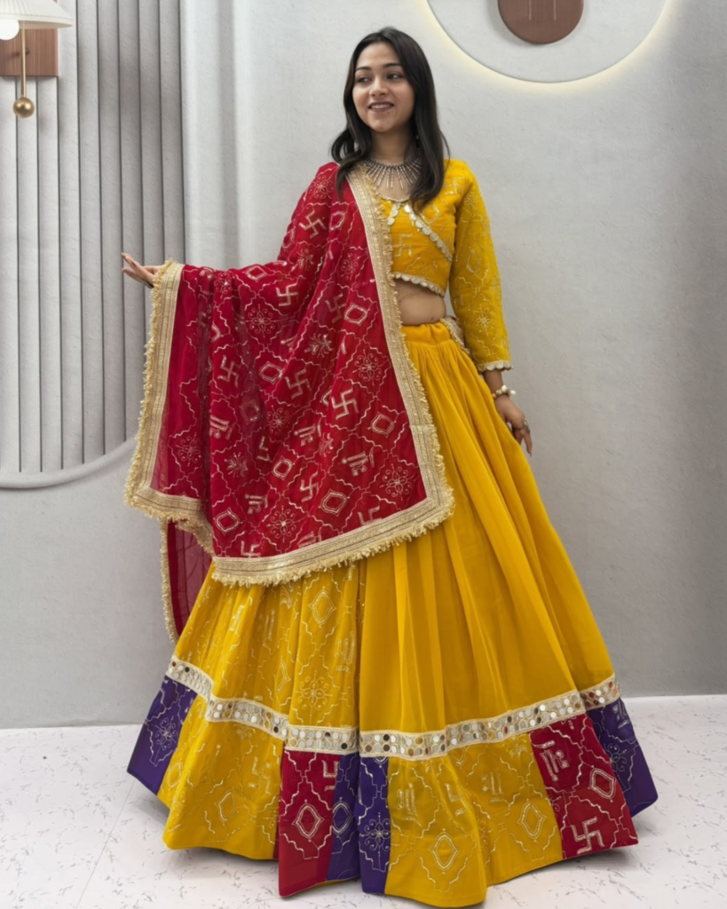 Navratri Special Fox Georgette Lehenga Choli with Heavy Embroidery, Mirror Lace & Vintage Dupatta