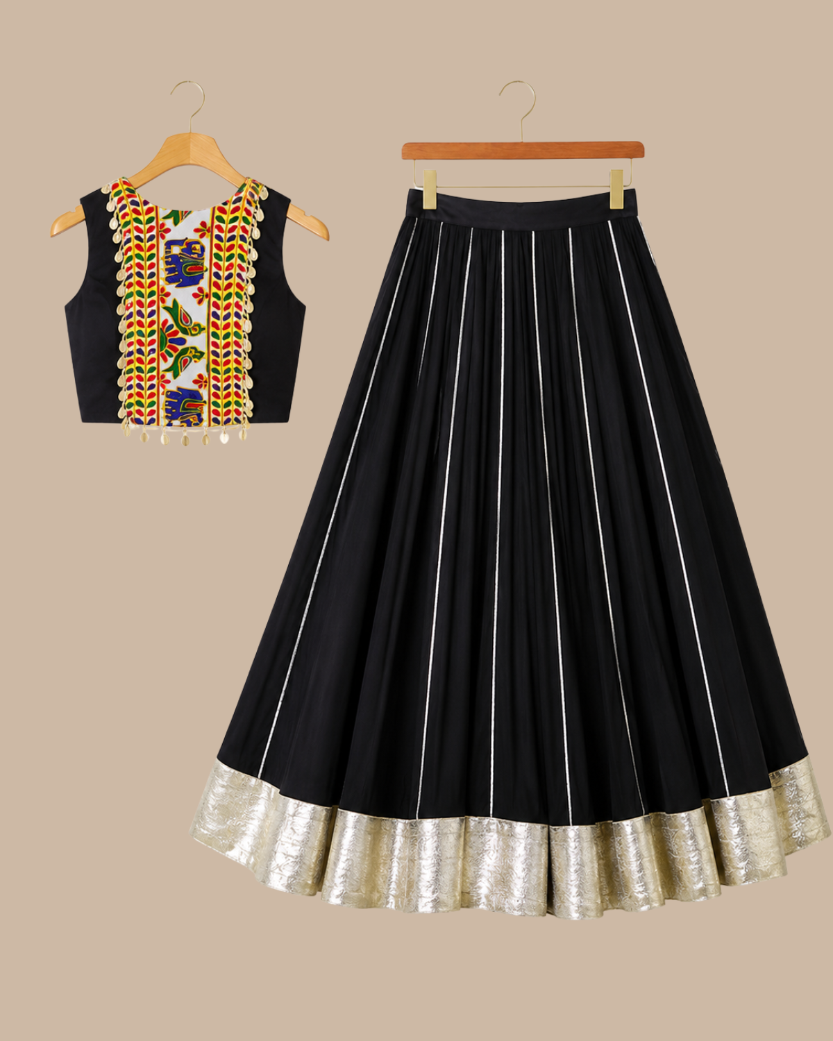 Black Designer Lehenga Stitching with Traditional Patchwork Blouse & Gold Border