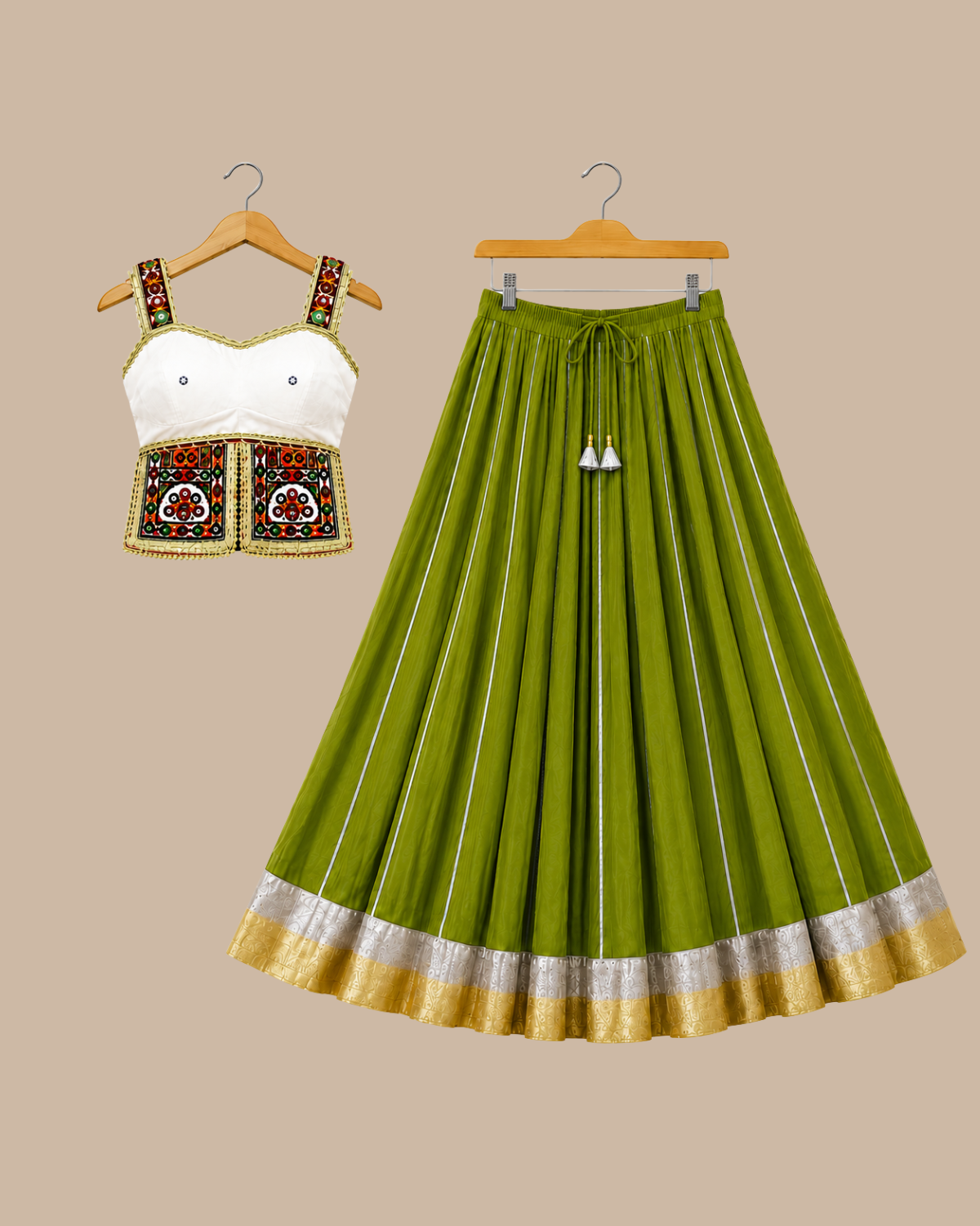 Olive Green Designer Lehenga Stitching with Patchwork Blouse & Custom Fit