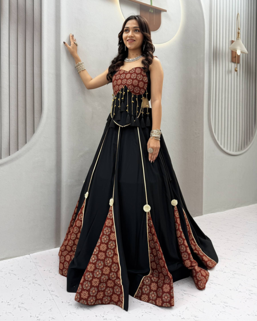 Navratri Special Ajrak Print Lehenga Set with Heavy Ribbon Work & 6 Meter Flair