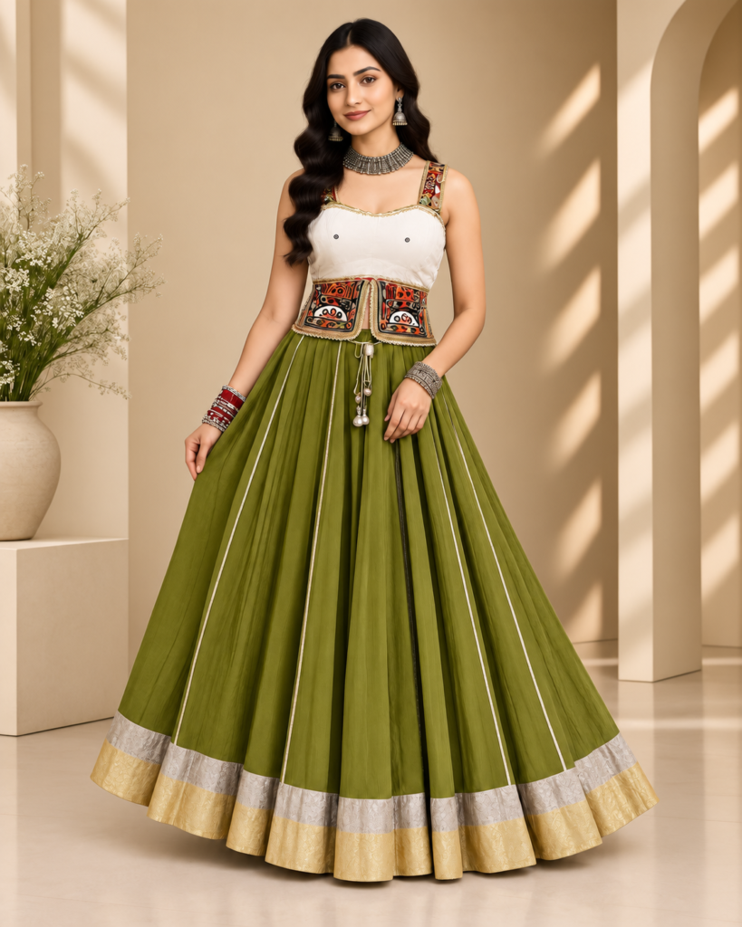 Olive Green Designer Lehenga Stitching with Patchwork Blouse & Custom Fit