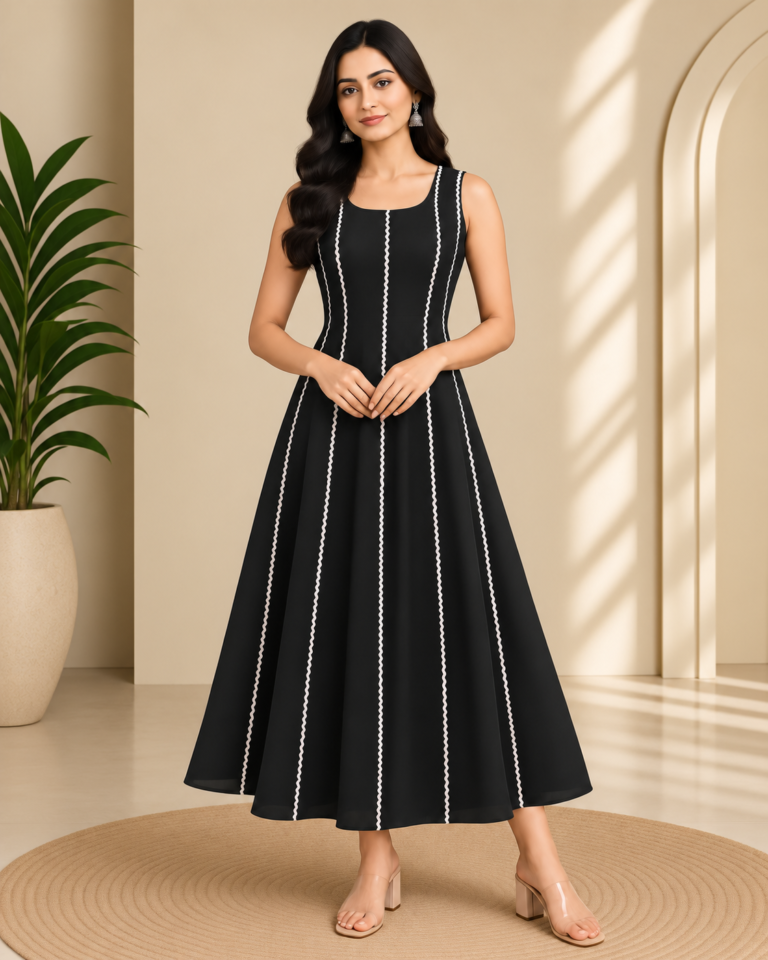 Black Designer Dress Stitching with White Contrast Piping & Flared Silhouette