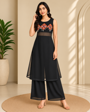 Black Designer Dress Stitching with Traditional Patchwork Yoke & Palazzo Set