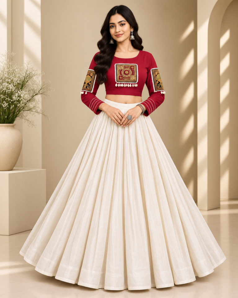 Red & Ivory Designer Lehenga Stitching with Embroidered Blouse & Flared Skirt