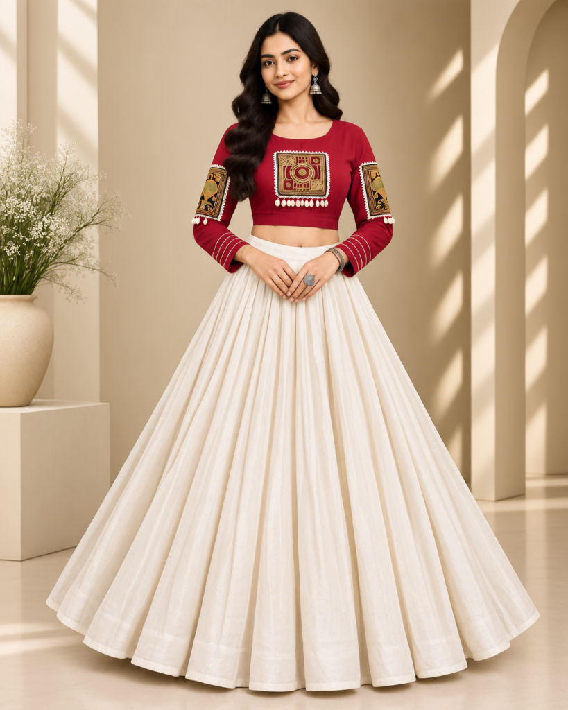 Red & Ivory Designer Lehenga Stitching with Embroidered Blouse & Flared Skirt