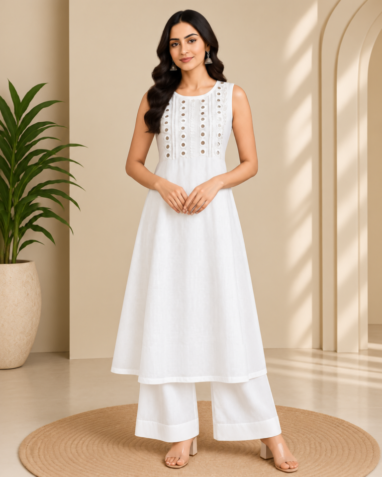White Designer Dress Stitching with Embroidered Yoke & Flared Palazzo Set