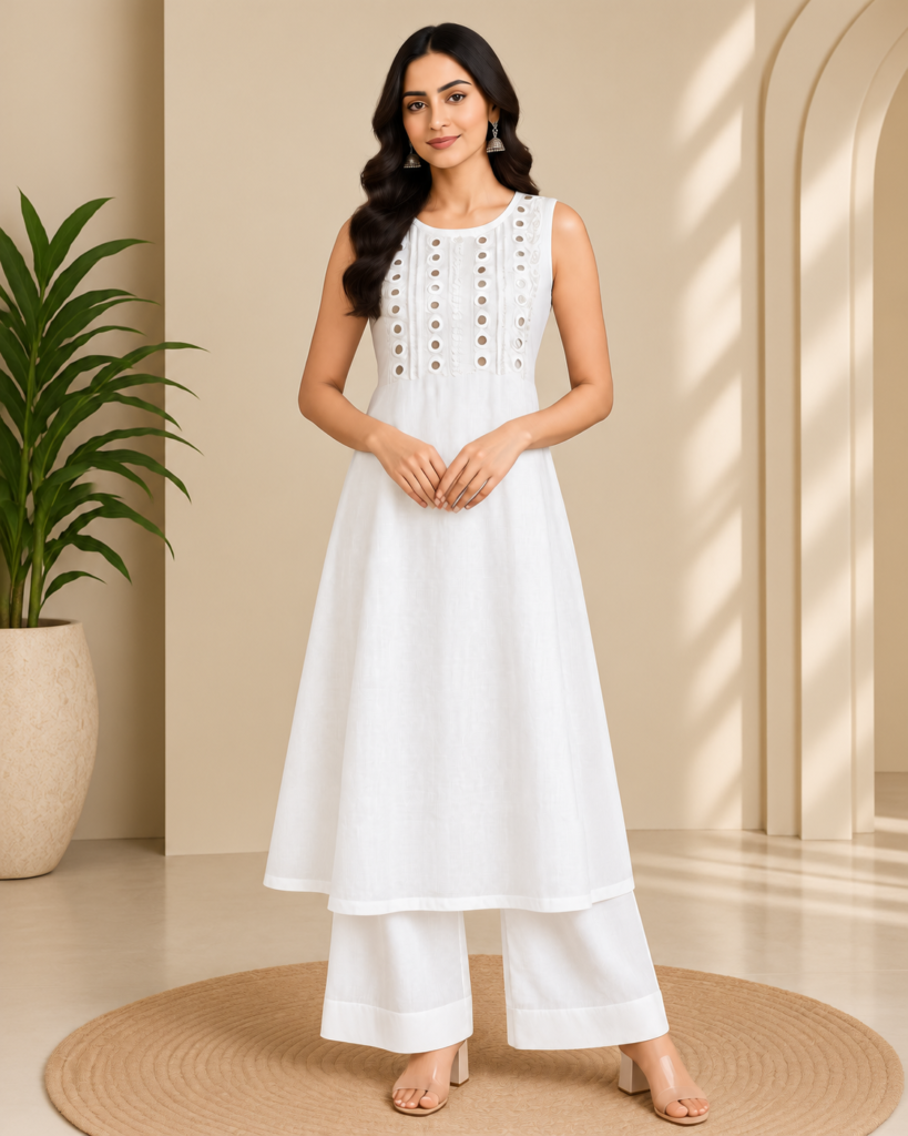 White Designer Dress Stitching with Embroidered Yoke & Flared Palazzo Set