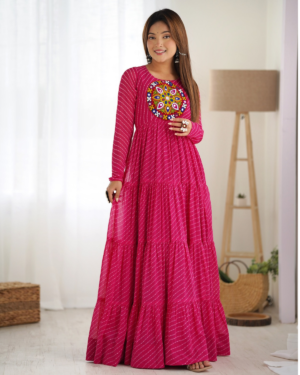 Navratri Laheriya Print Anarkali Gown with Gamthi Work, 7 Meter Flair & Full Lining