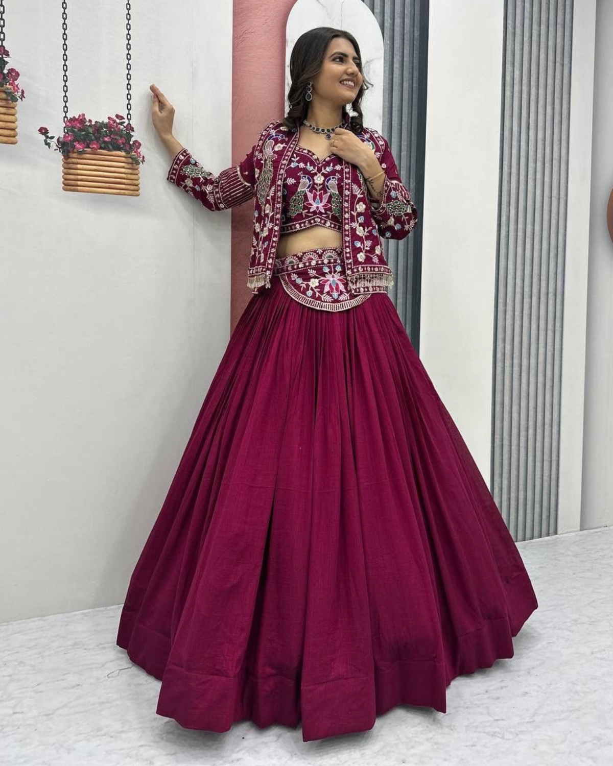 Vichitra Silk Lehenga Choli with Heavy Embroidered Jacket