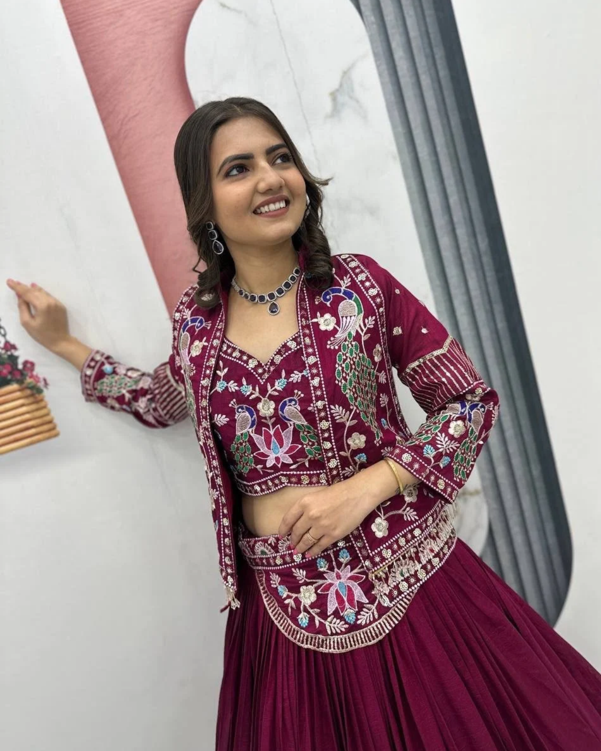 Vichitra Silk Lehenga Choli with Heavy Embroidered Jacket - Image 2