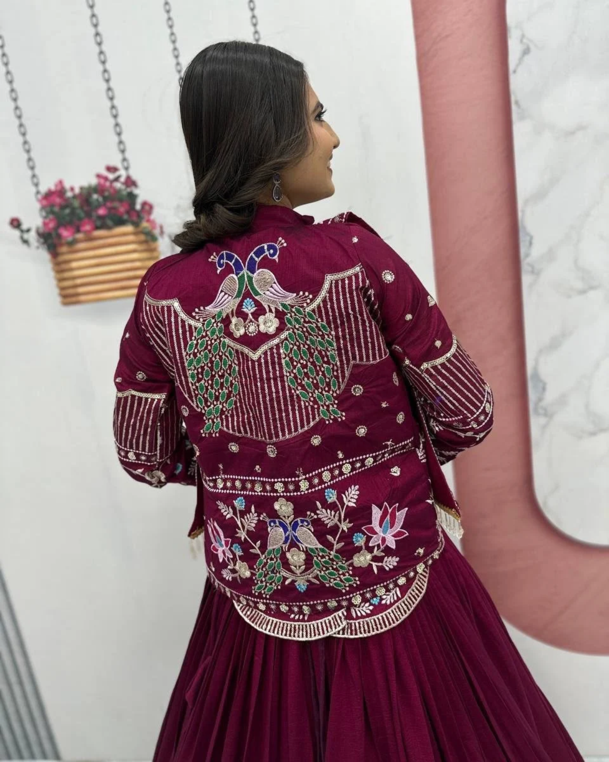 Vichitra Silk Lehenga Choli with Heavy Embroidered Jacket - Image 3